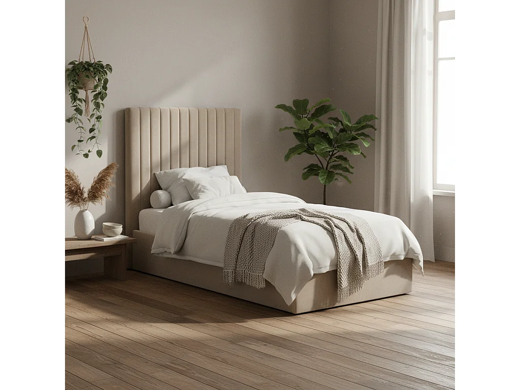 Dublin Taupe Velvet 90x190cm Single Ottoman Bed with Tall Ribbed Headboard