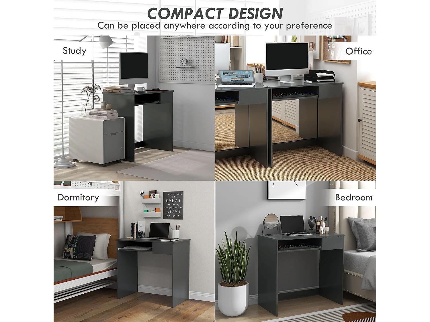 Rami 80cm Grey Compact Study Desk with Keyboard Tray and Drawer