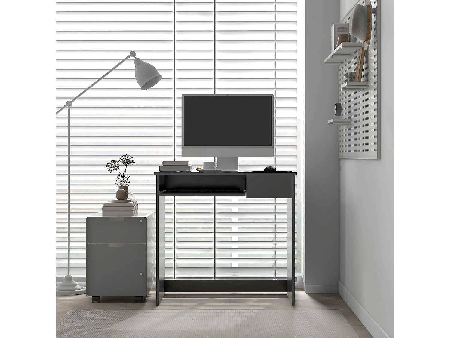 Rami 80cm Grey Compact Study Desk with Keyboard Tray and Drawer