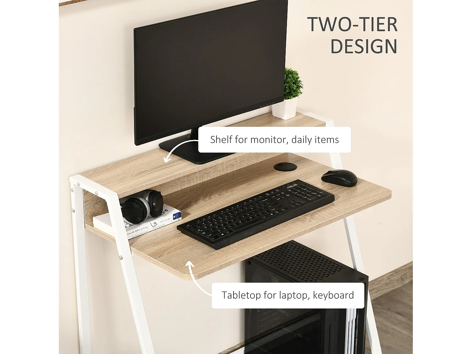 Dodosu 84cm Compact White and Oak Writing Desk with Raised Storage Shelf
