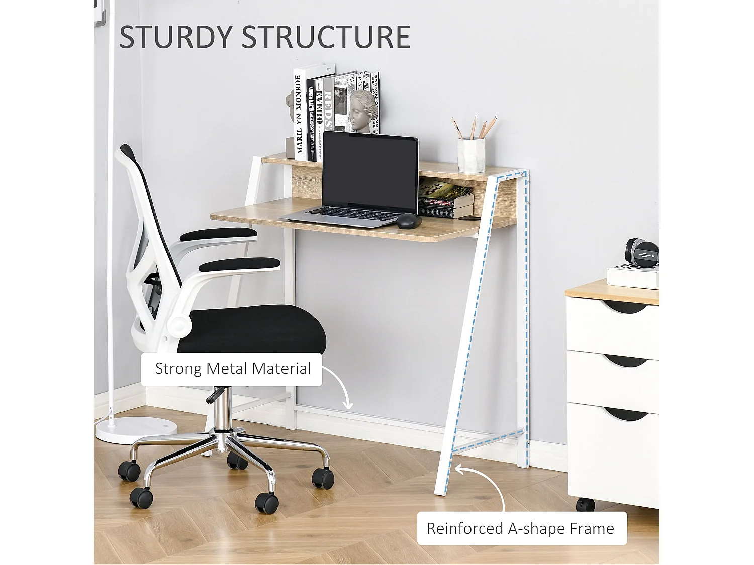 Dodosu 84cm Compact White and Oak Writing Desk with Raised Storage Shelf