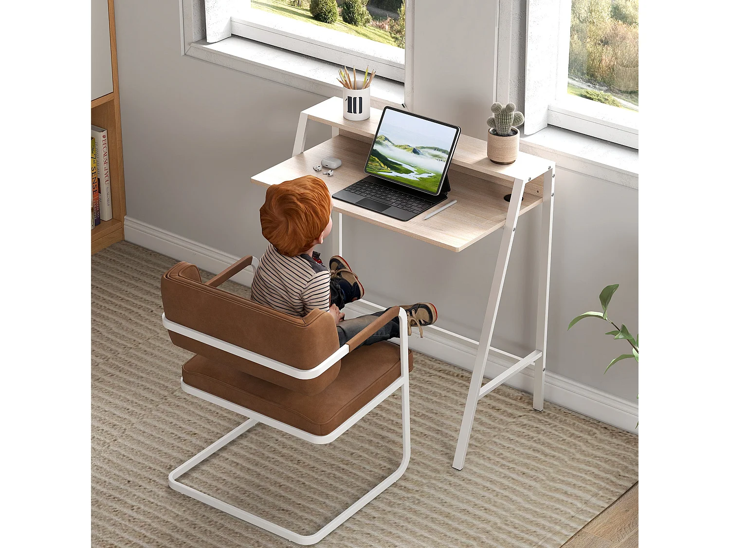 Dodosu 84cm Compact White and Oak Writing Desk with Raised Storage Shelf