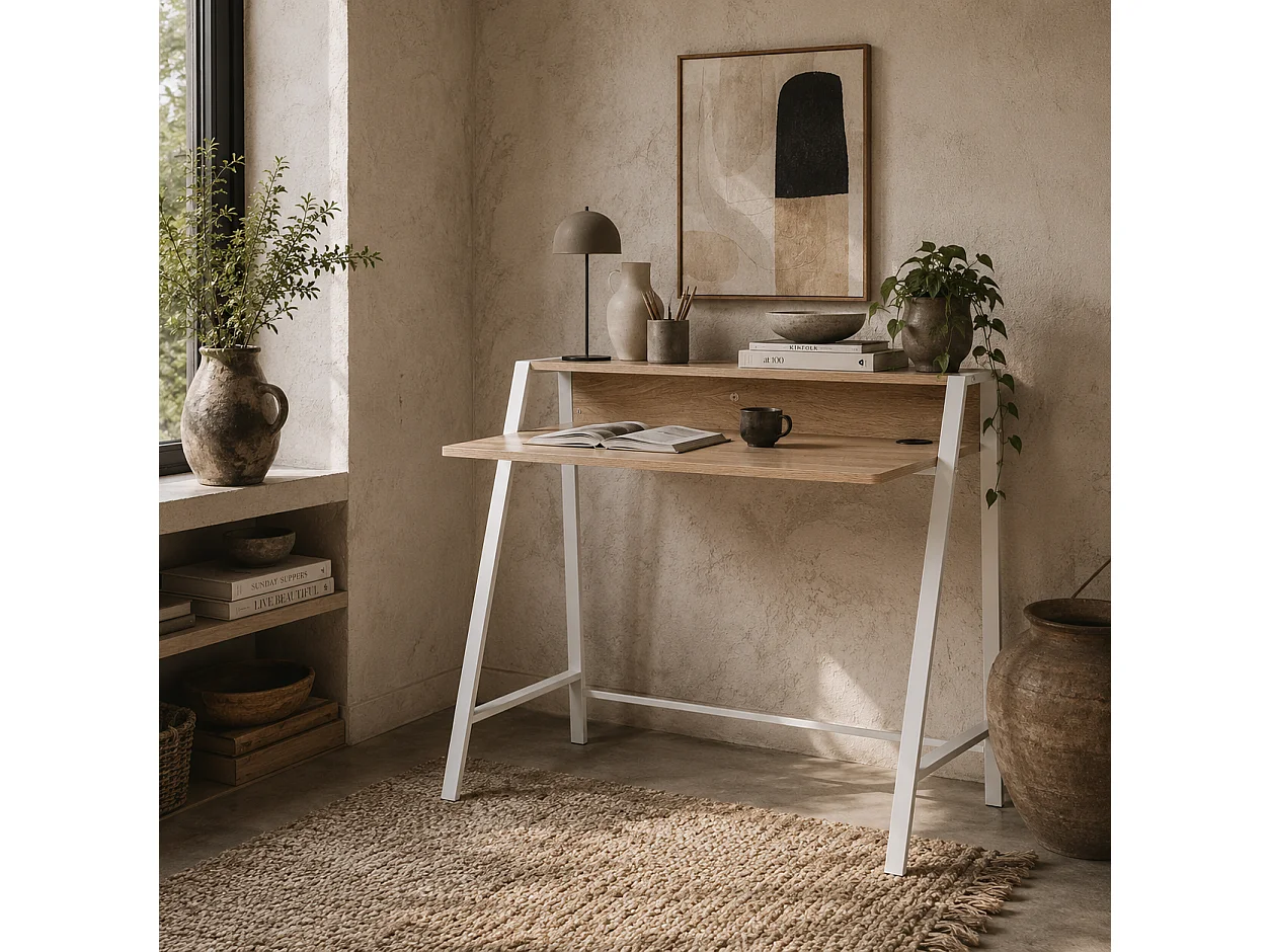 Dodosu 84cm Compact White and Oak Writing Desk with Raised Storage Shelf