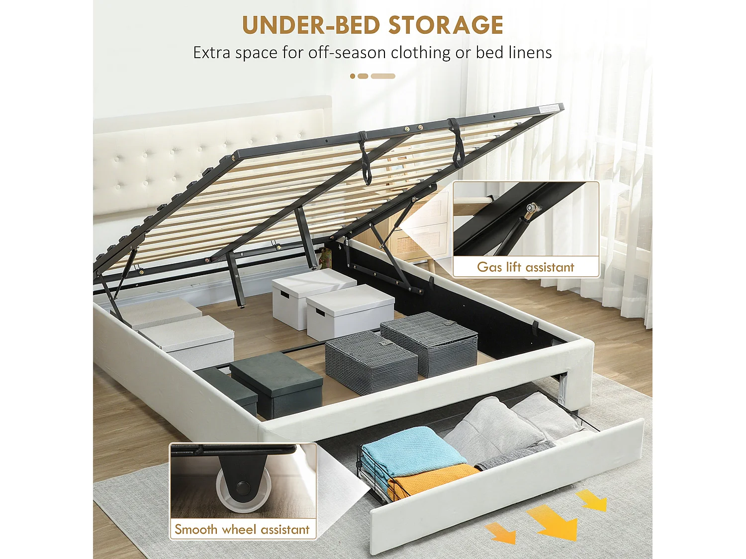 Zina 5FT King Size Ottoman Bed Frame with Front Divan Drawer Storage Cream
