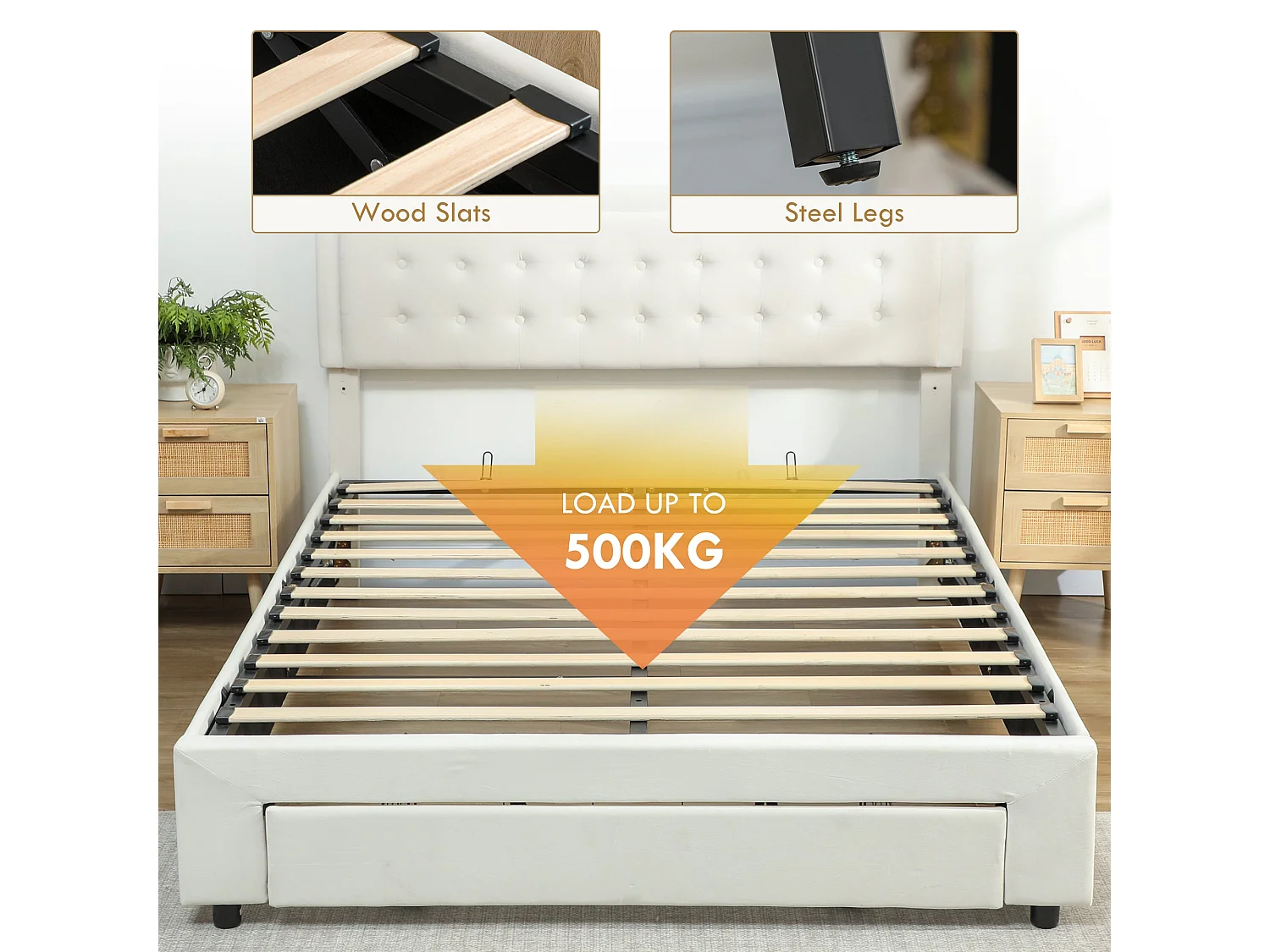 Zina 5FT King Size Ottoman Bed Frame with Front Divan Drawer Storage Cream