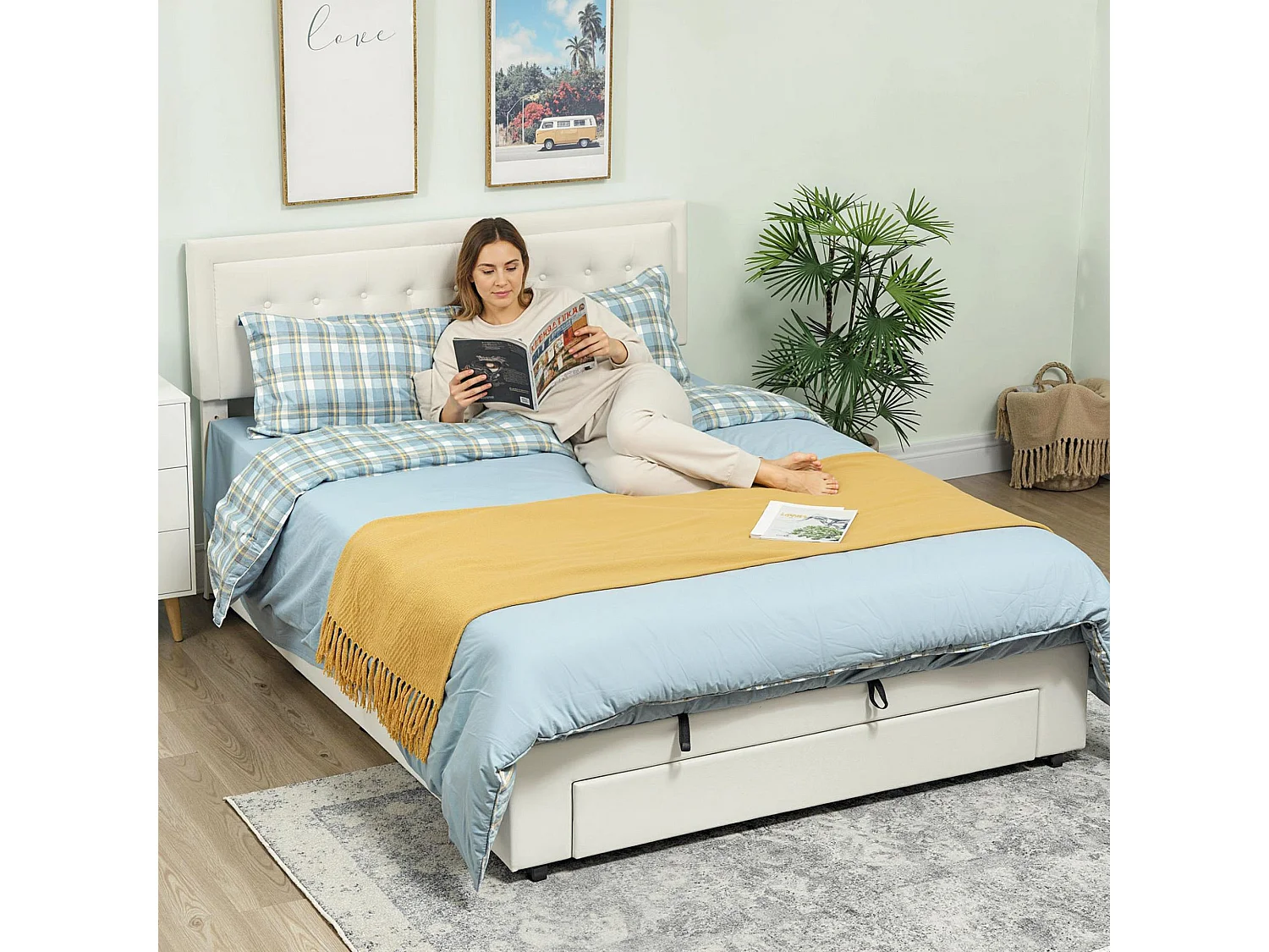 Zina 5FT King Size Ottoman Bed Frame with Front Divan Drawer Storage Cream