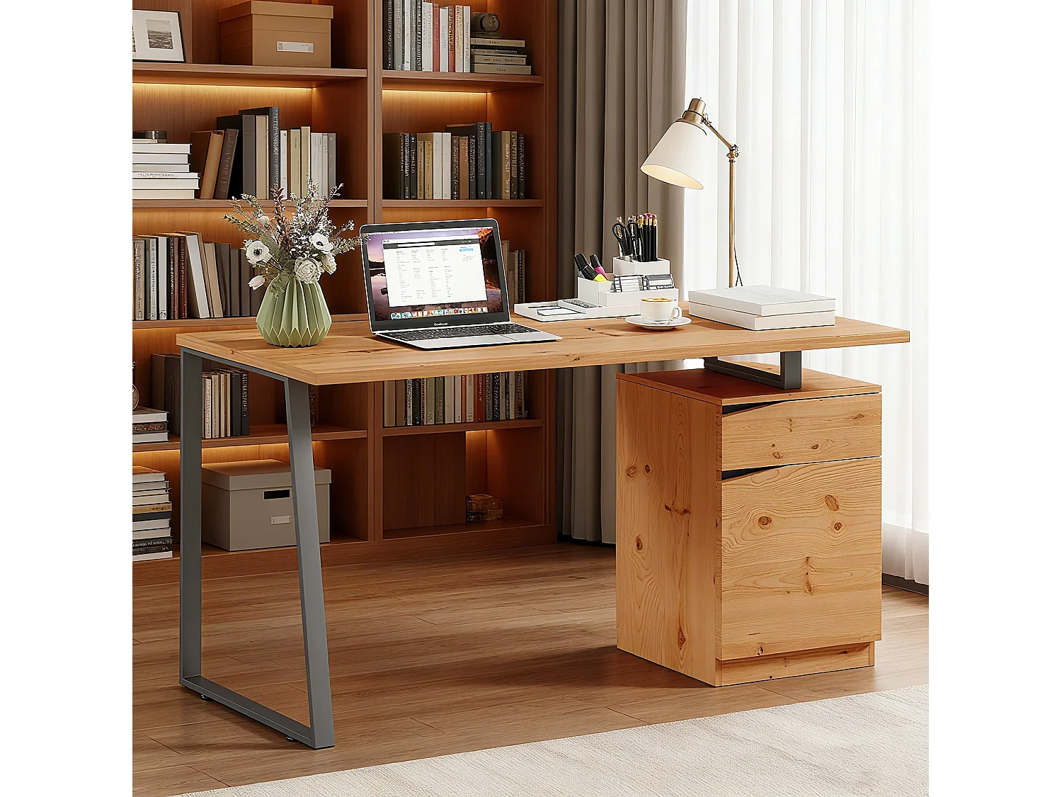 Nolole 135cm Natural Wood Office Desk with Drawer and Cabinet