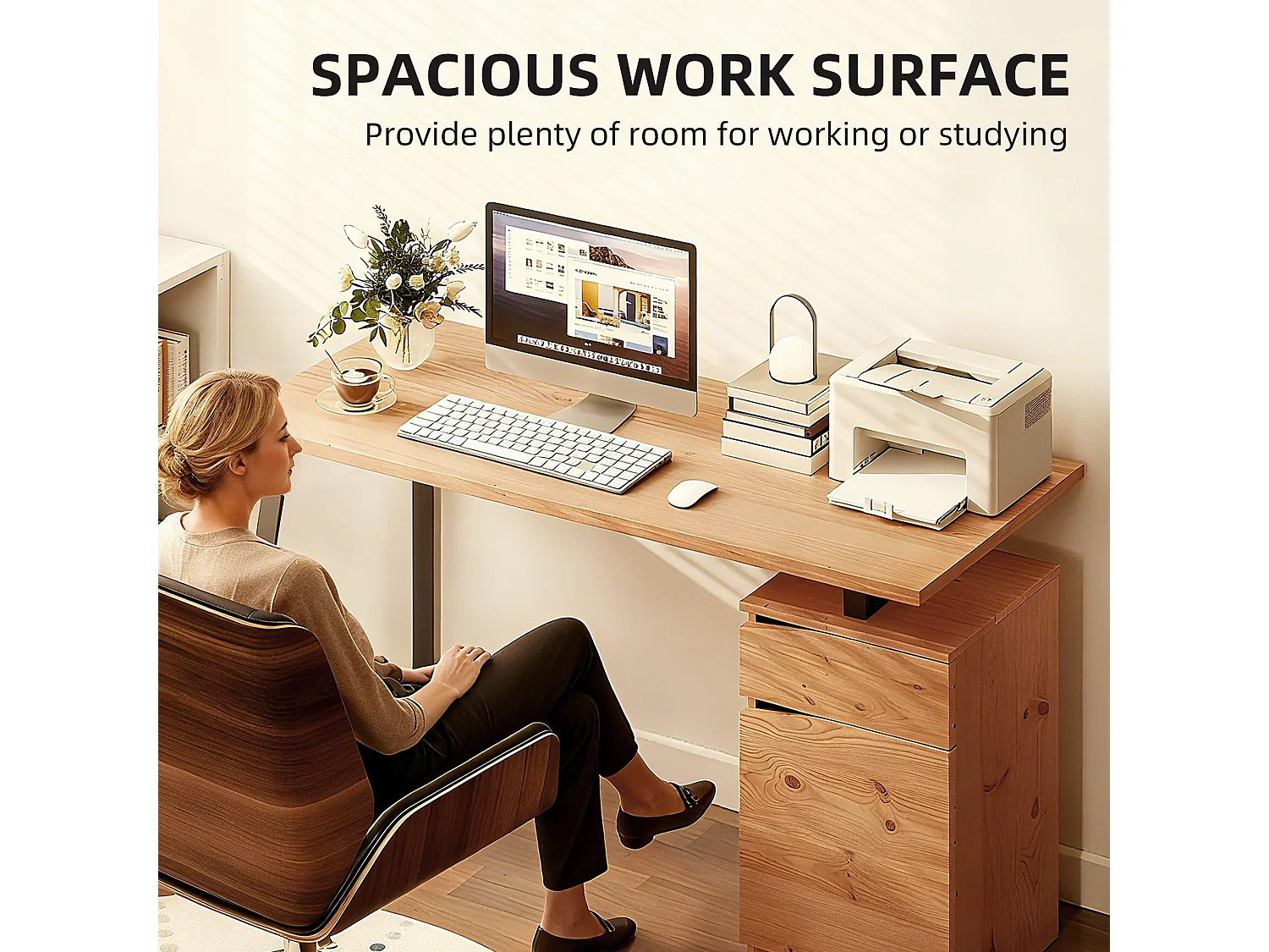 Nolole 135cm Natural Wood Office Desk with Drawer and Cabinet