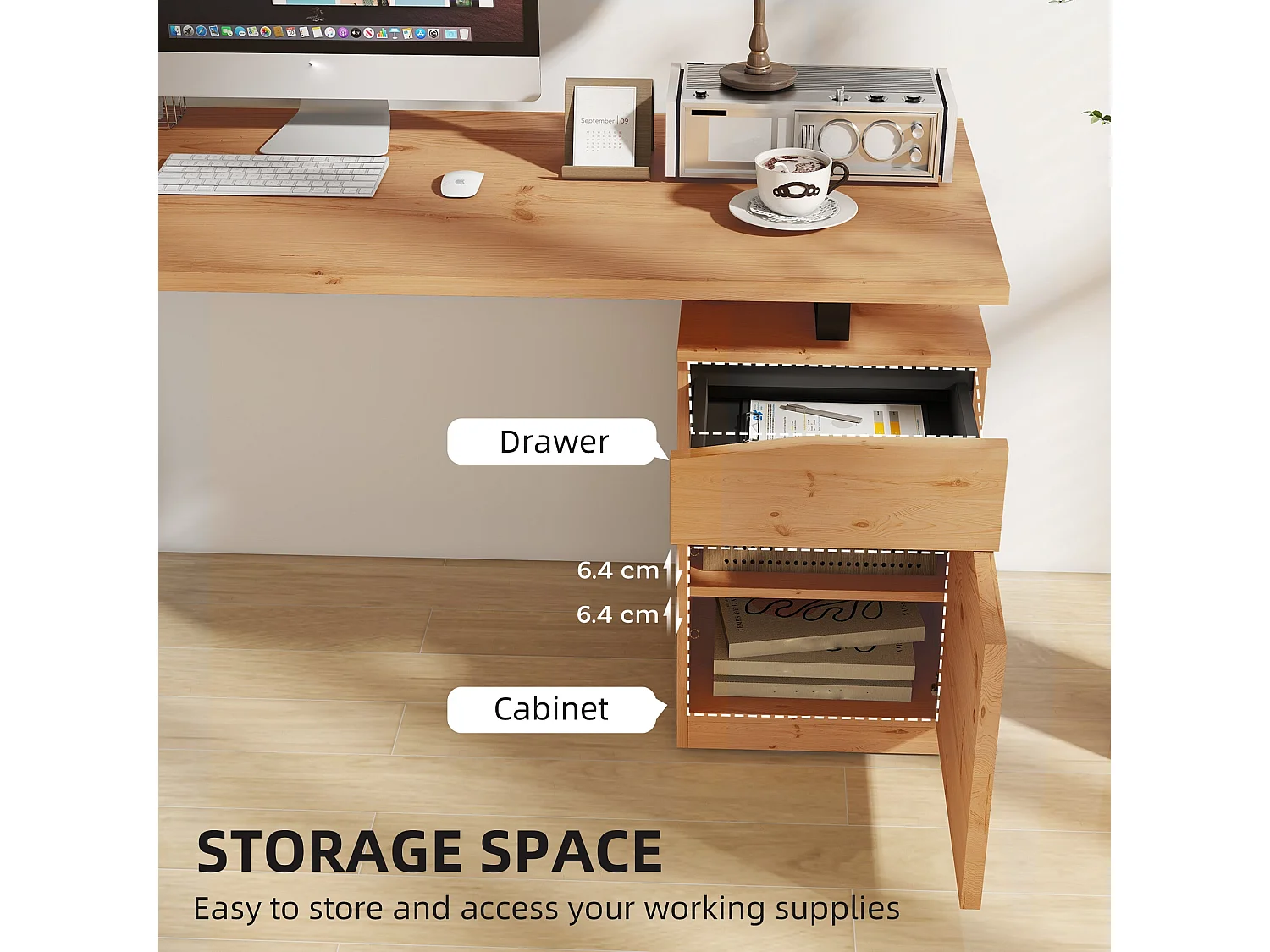 Nolole 135cm Natural Wood Office Desk with Drawer and Cabinet