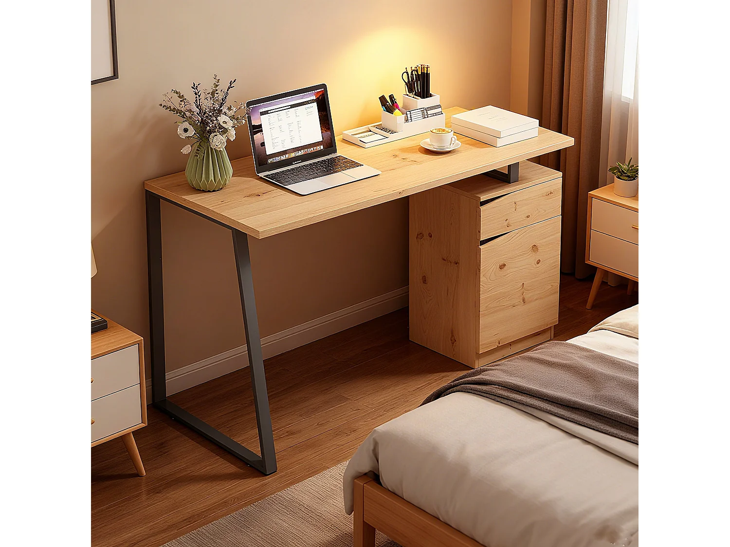 Nolole 135cm Natural Wood Office Desk with Drawer and Cabinet