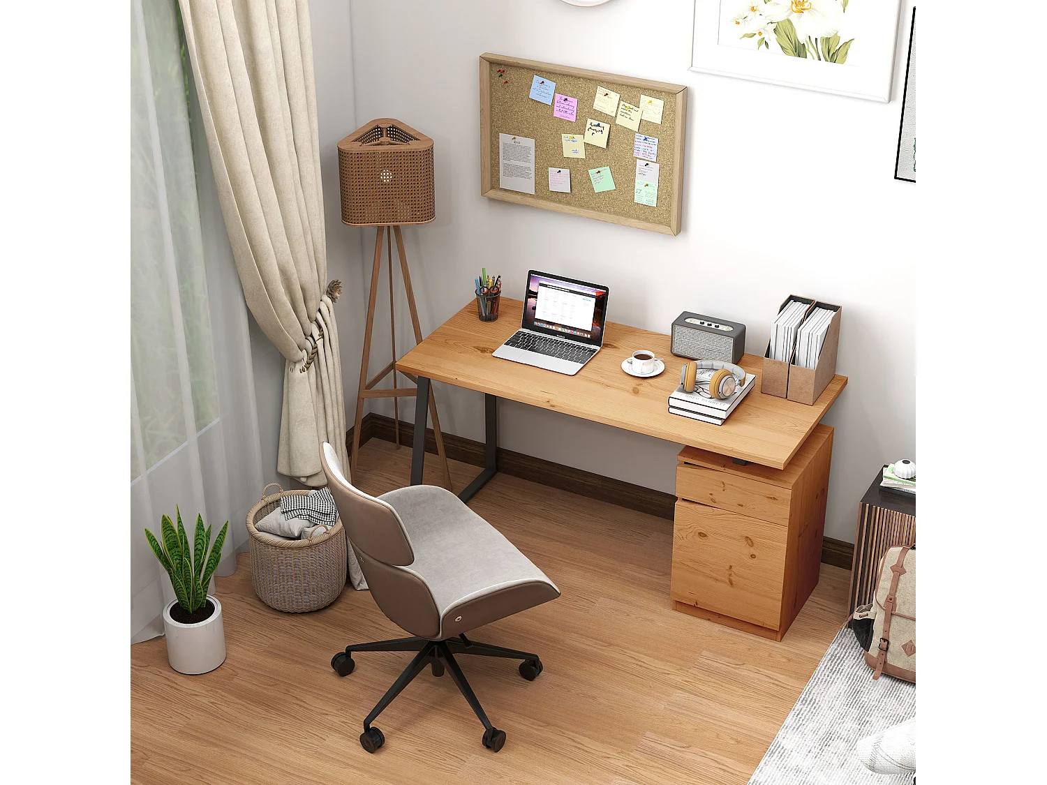 Nolole 135cm Natural Wood Office Desk with Drawer and Cabinet