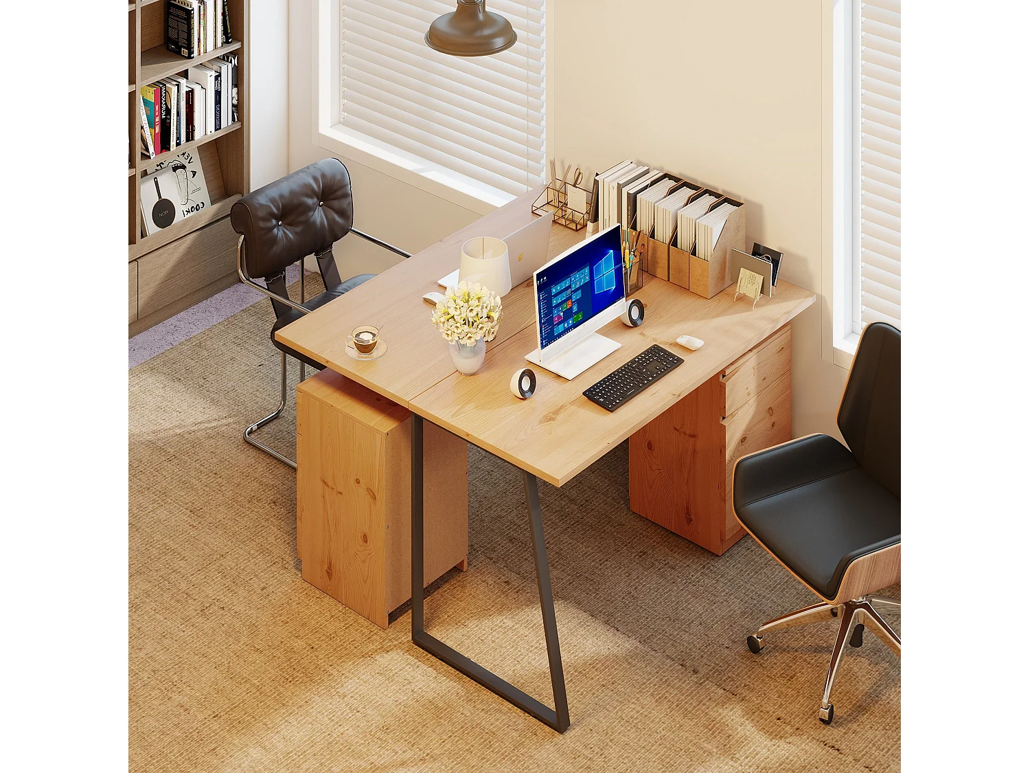 Nolole 135cm Natural Wood Office Desk with Drawer and Cabinet