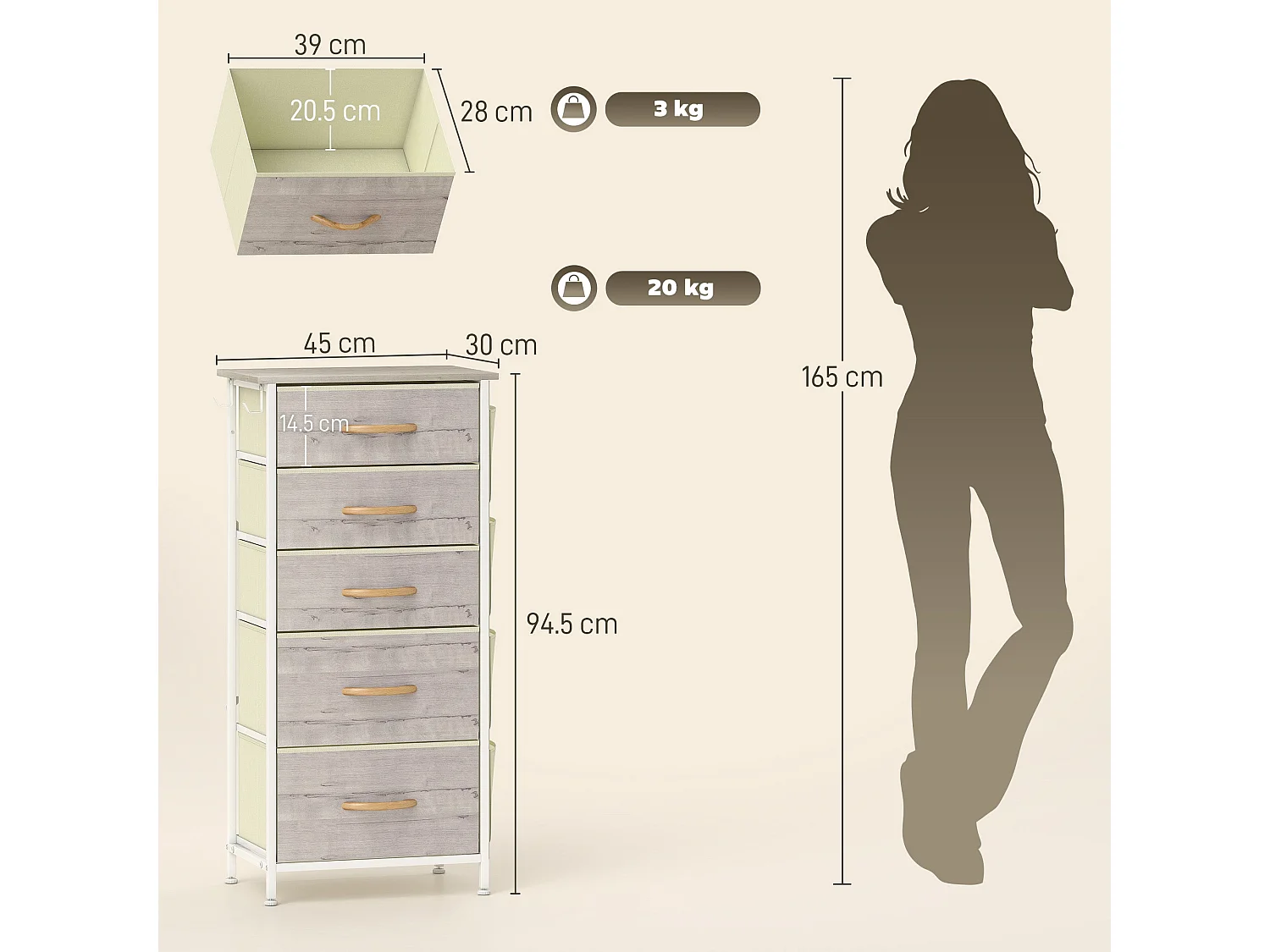 Sudo 5 Drawer Fabric Chest with Metal Frame Natural Wood Effect