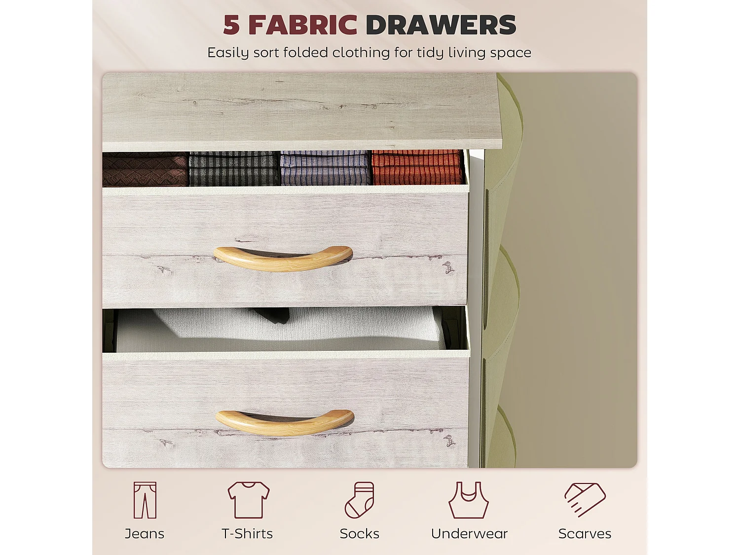 Sudo 5 Drawer Fabric Chest with Metal Frame Natural Wood Effect