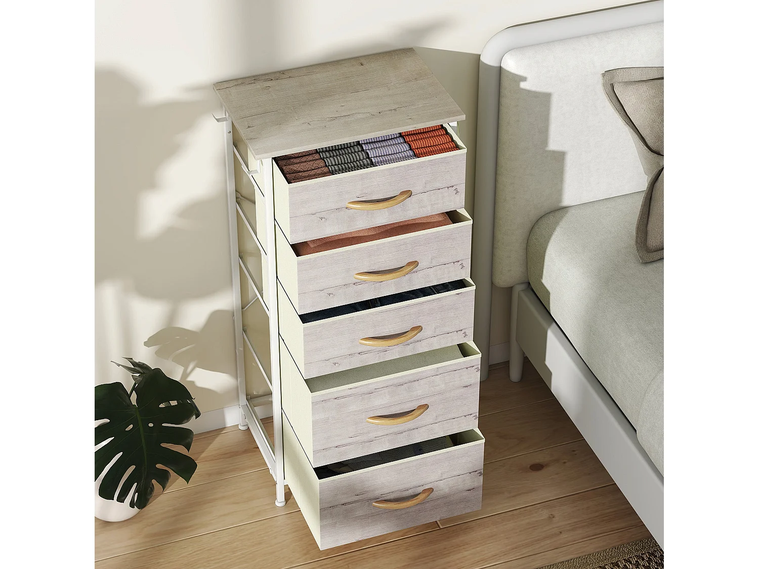 Sudo 5 Drawer Fabric Chest with Metal Frame Natural Wood Effect