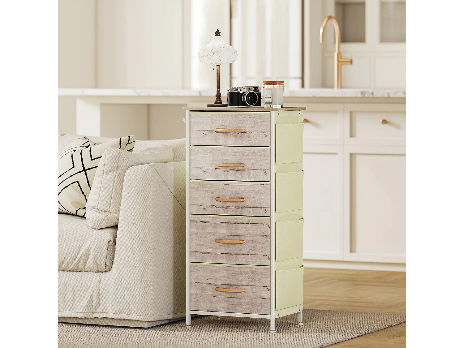 Sudo 5 Drawer Fabric Chest with Metal Frame Natural Wood Effect