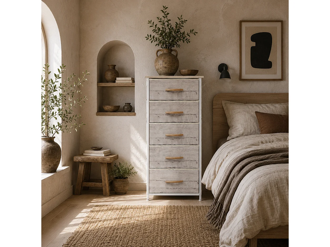 Sudo 5 Drawer Fabric Chest with Metal Frame Natural Wood Effect