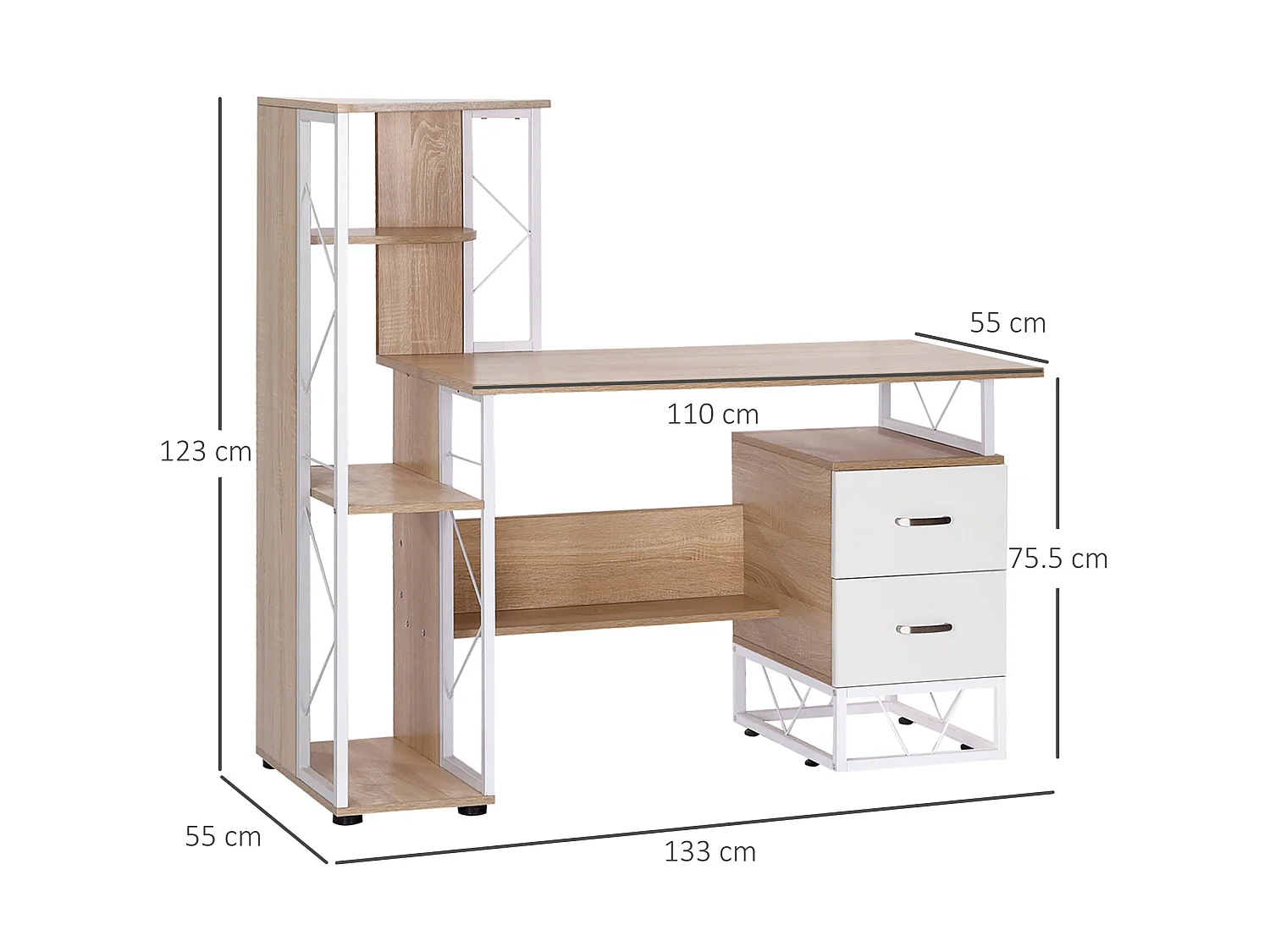 Lasomo 133cm Oak Effect Desk with Drawers and Reversible Shelving