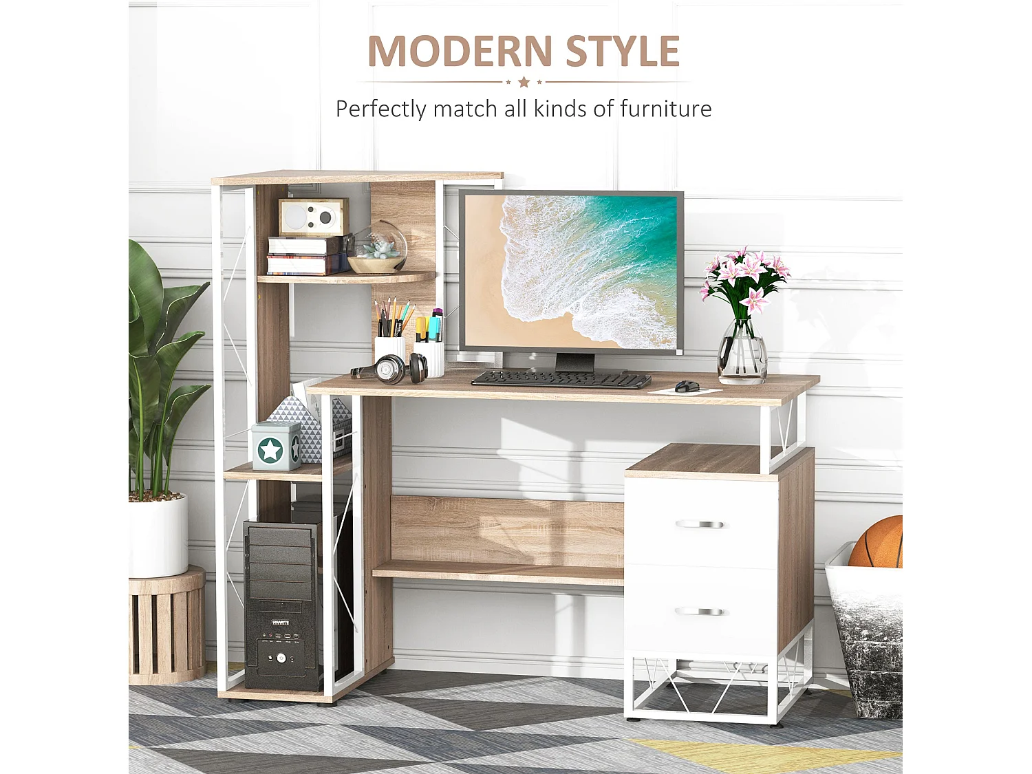 Lasomo 133cm Oak Effect Desk with Drawers and Reversible Shelving