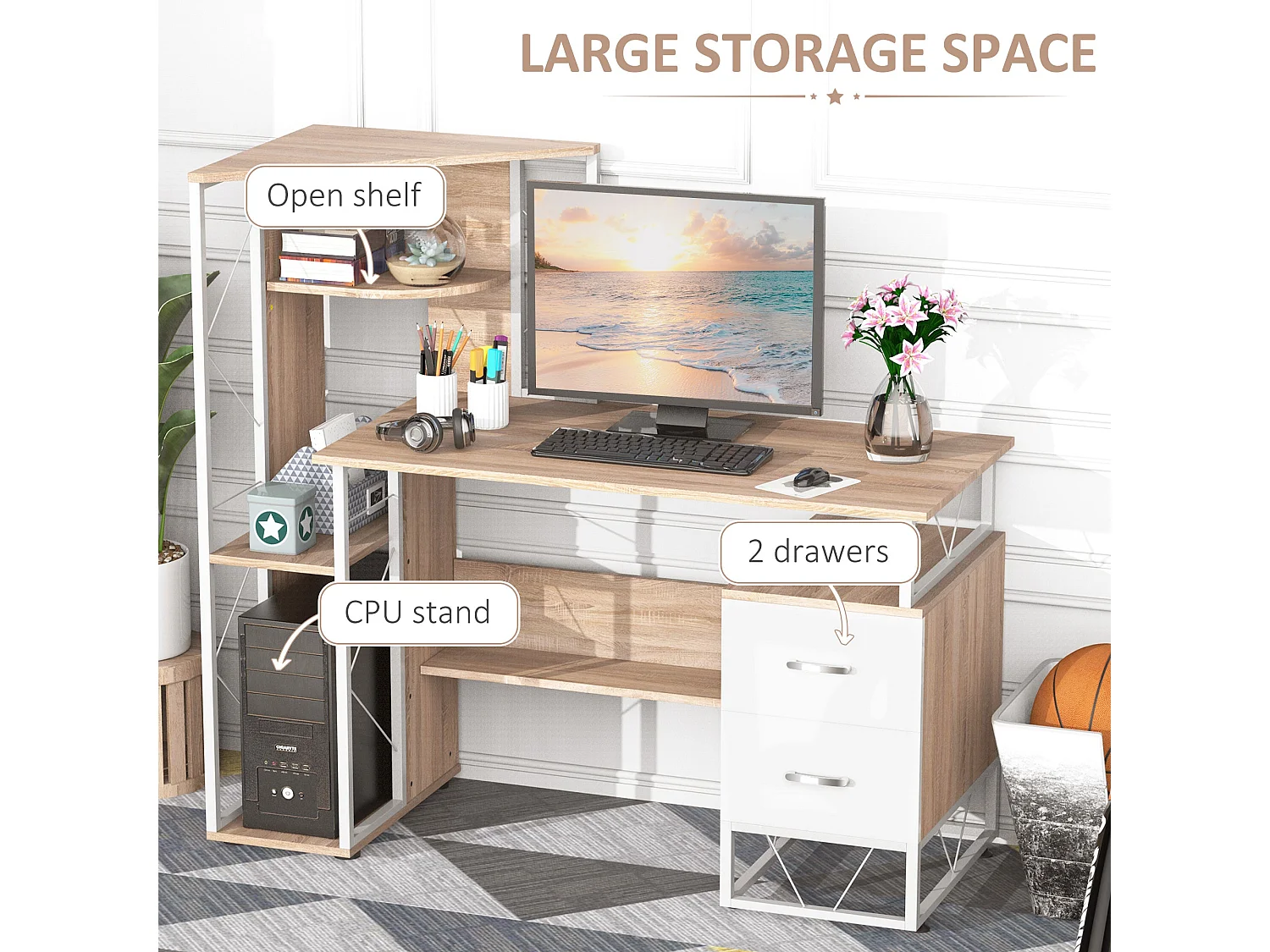 Lasomo 133cm Oak Effect Desk with Drawers and Reversible Shelving