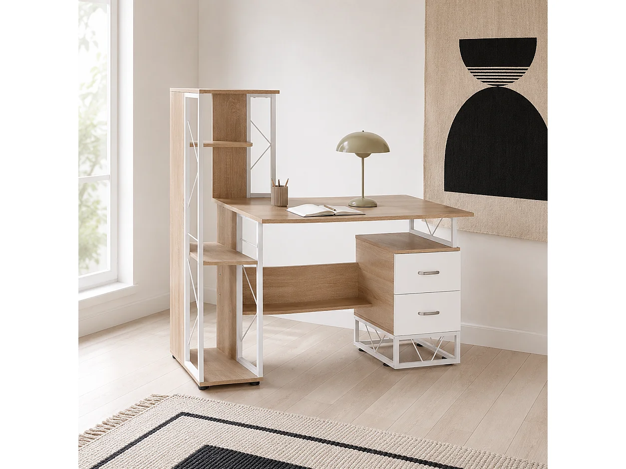 Lasomo 133cm Oak Effect Desk with Drawers and Reversible Shelving