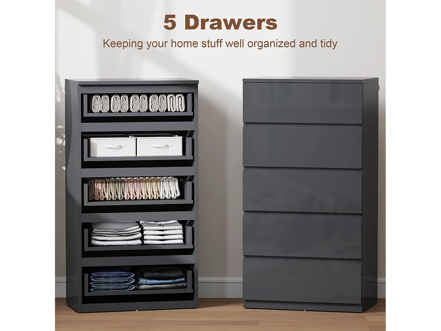 Kevano High Gloss Grey 5 Drawer Modern Storage Chest