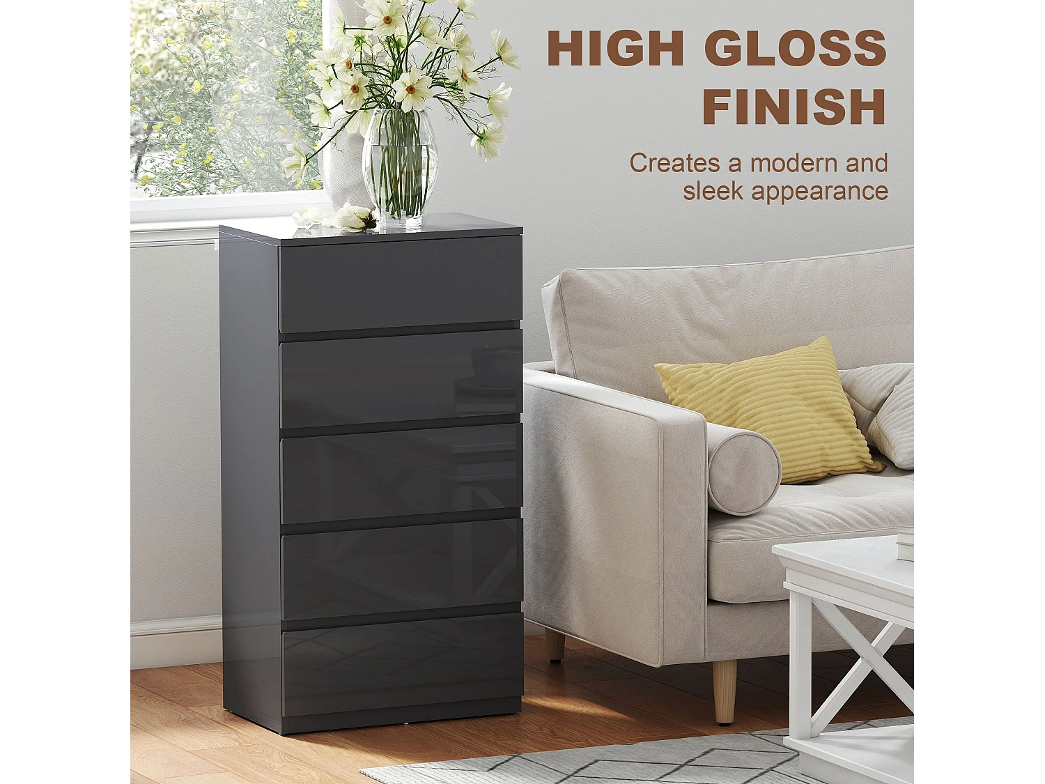Kevano High Gloss Grey 5 Drawer Modern Storage Chest