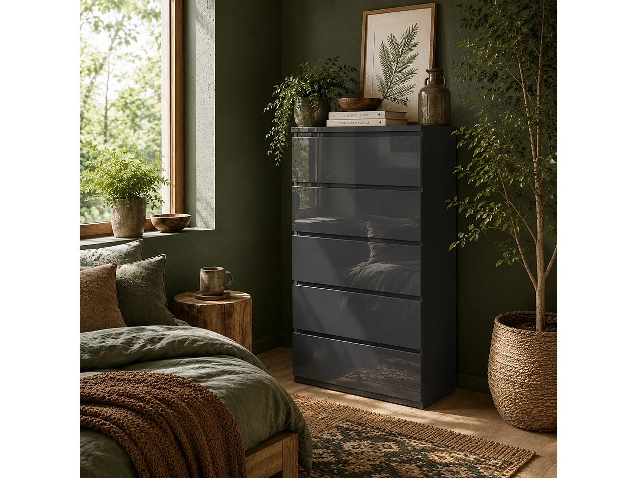 Kevano High Gloss Grey 5 Drawer Modern Storage Chest