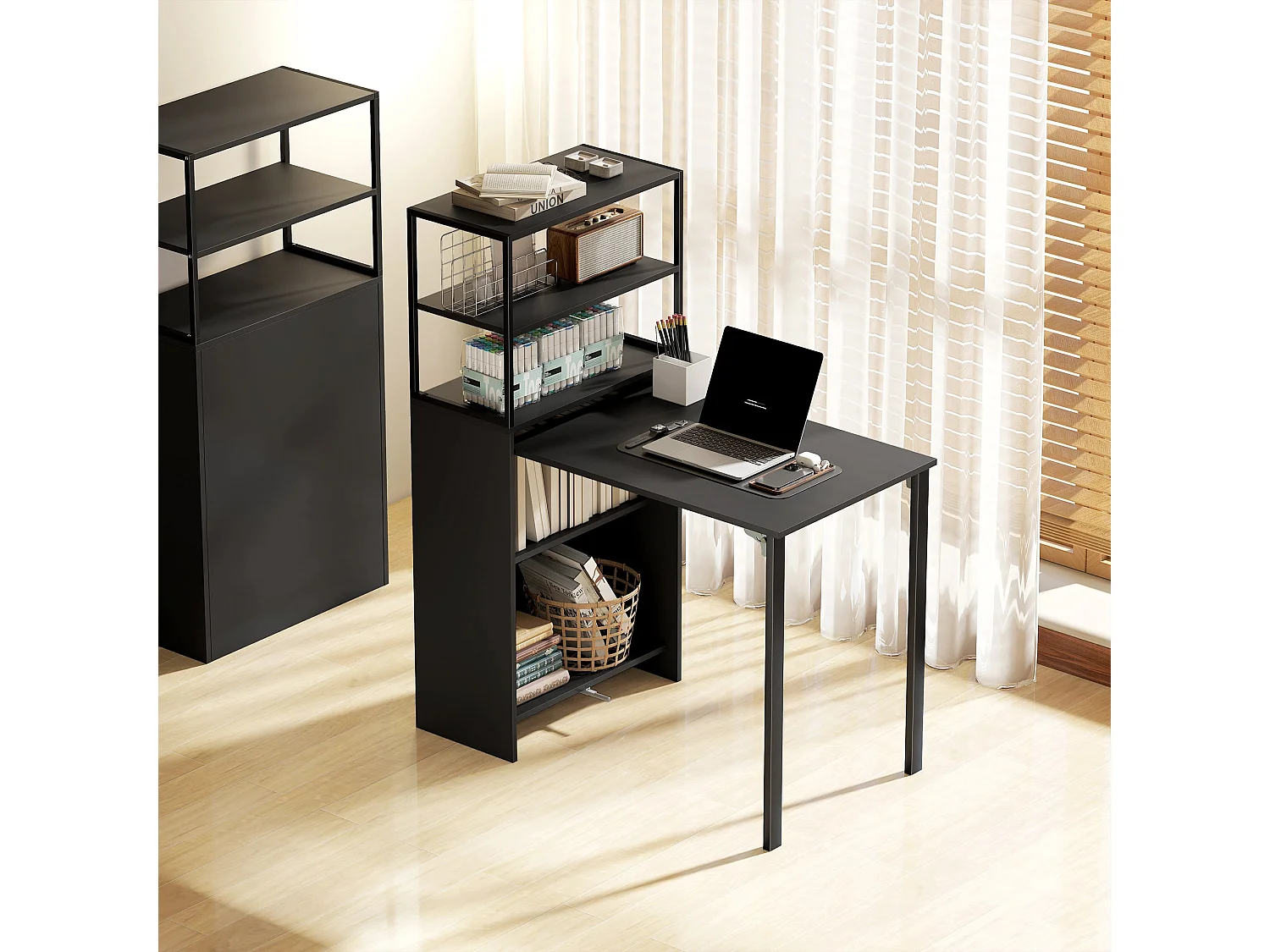 Serana 105cm Black Folding Work Table With Integrated Shelving