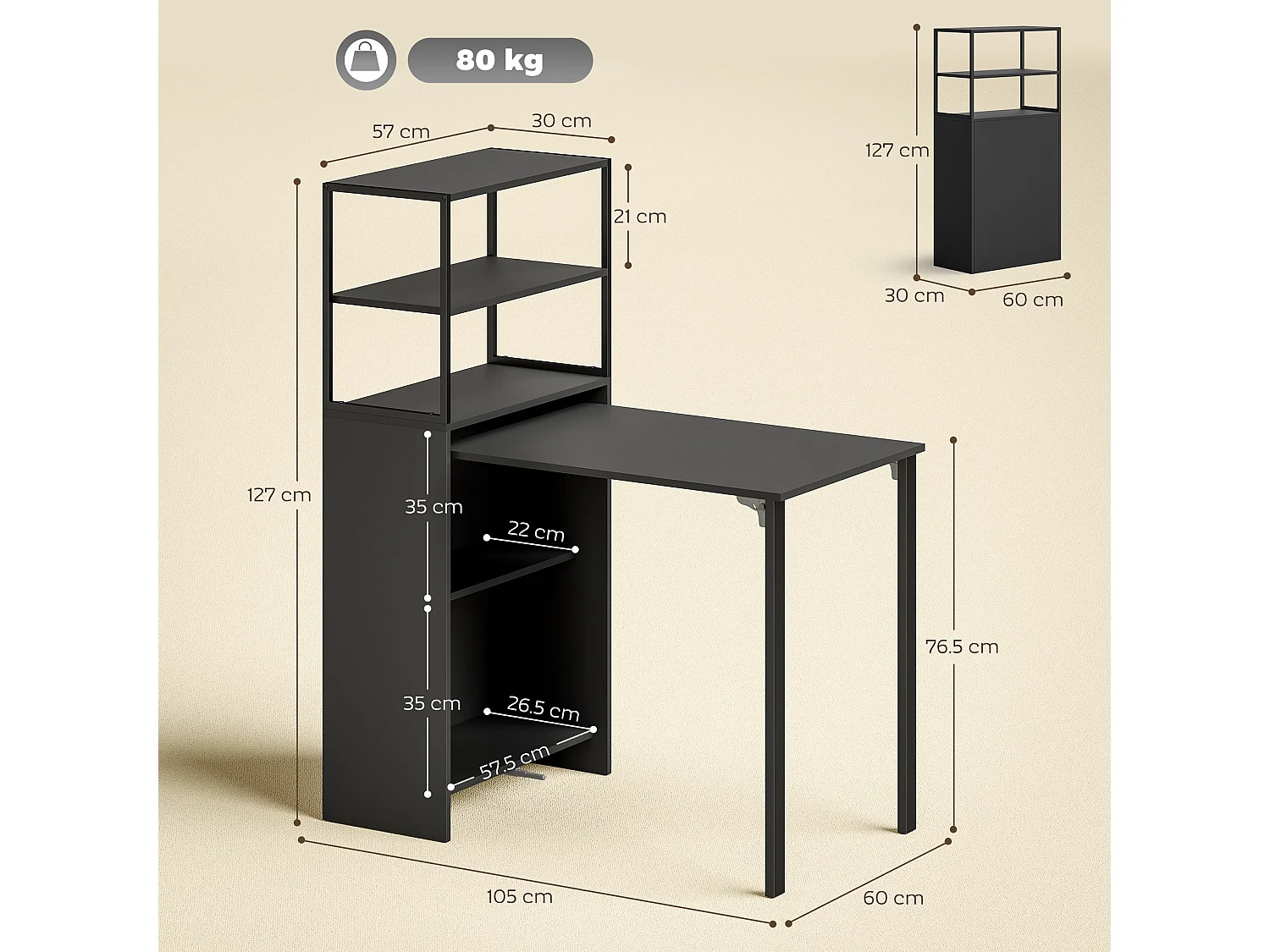 Serana 105cm Black Folding Work Table With Integrated Shelving