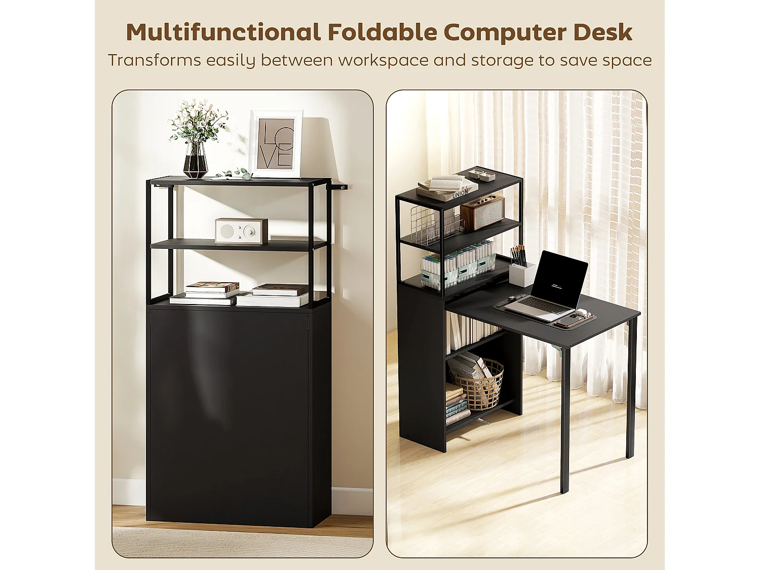 Serana 105cm Black Folding Work Table With Integrated Shelving