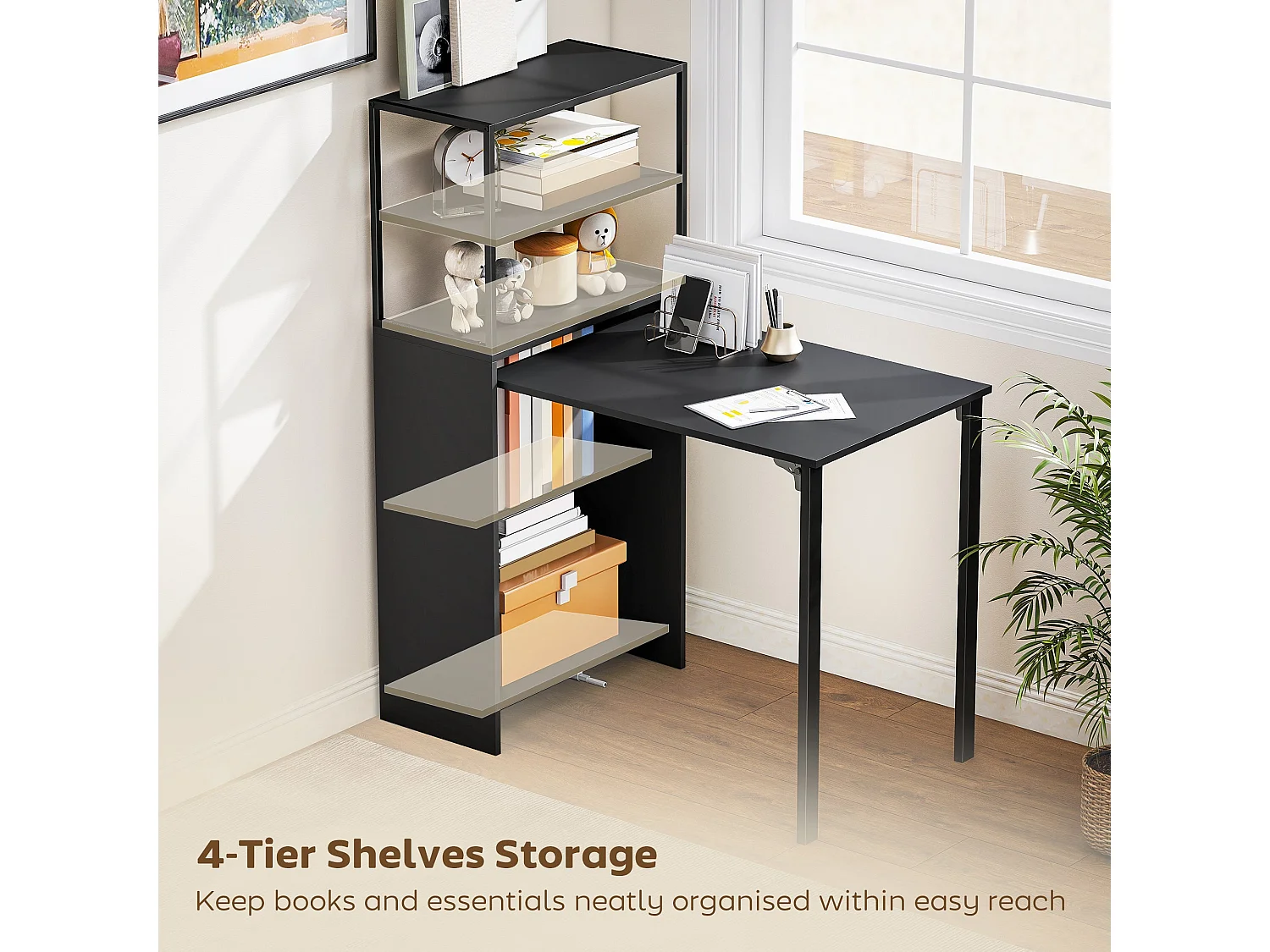 Serana 105cm Black Folding Work Table With Integrated Shelving