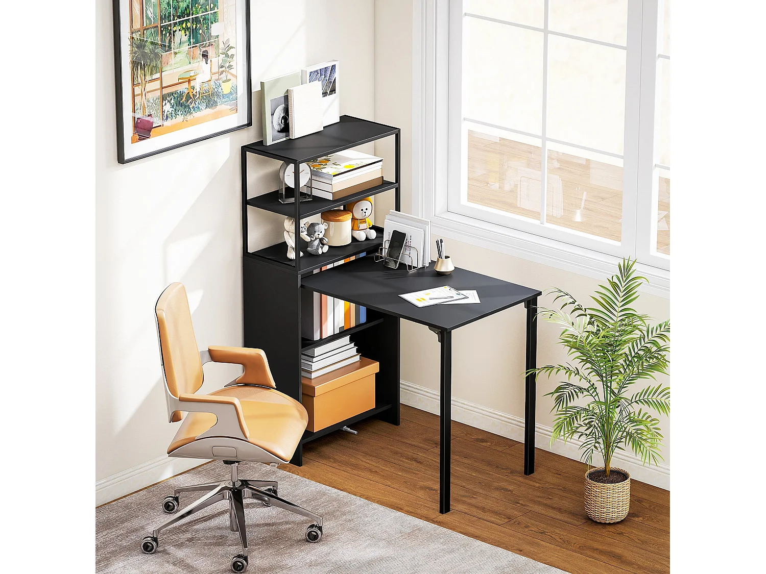 Serana 105cm Black Folding Work Table With Integrated Shelving
