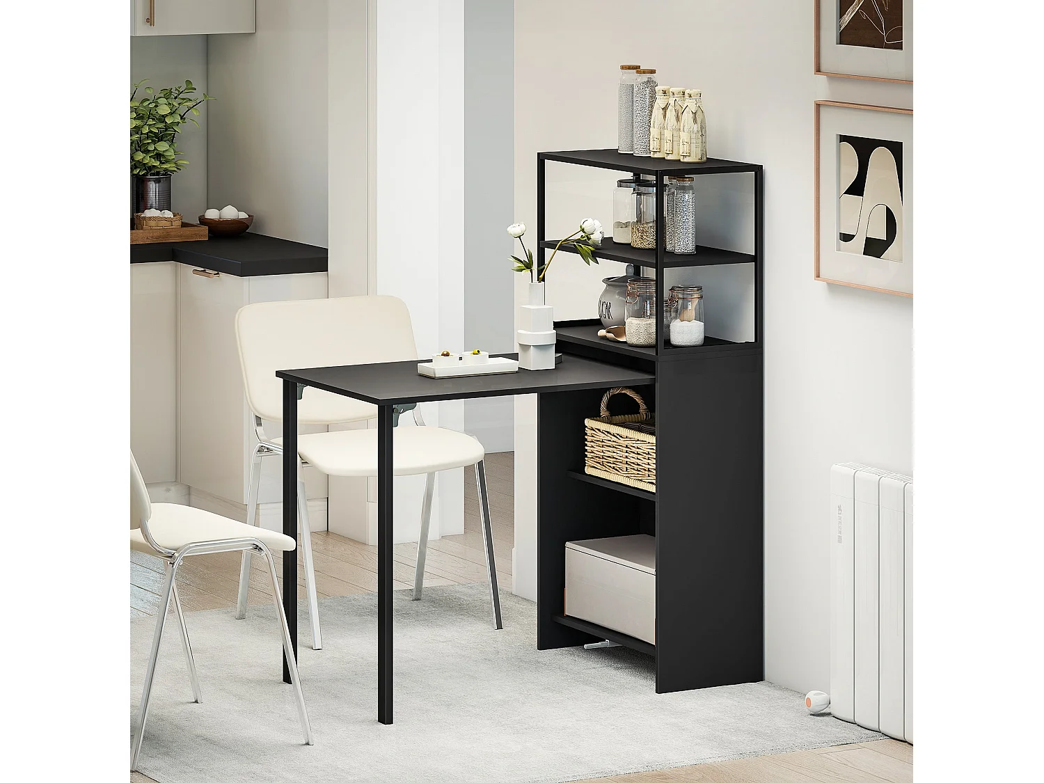 Serana 105cm Black Folding Work Table With Integrated Shelving