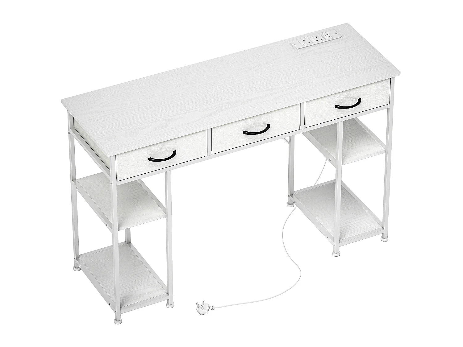 Riba 120cm White Home Office Desk with Power Outlets 3 Fabric Drawers and Storage Shelves