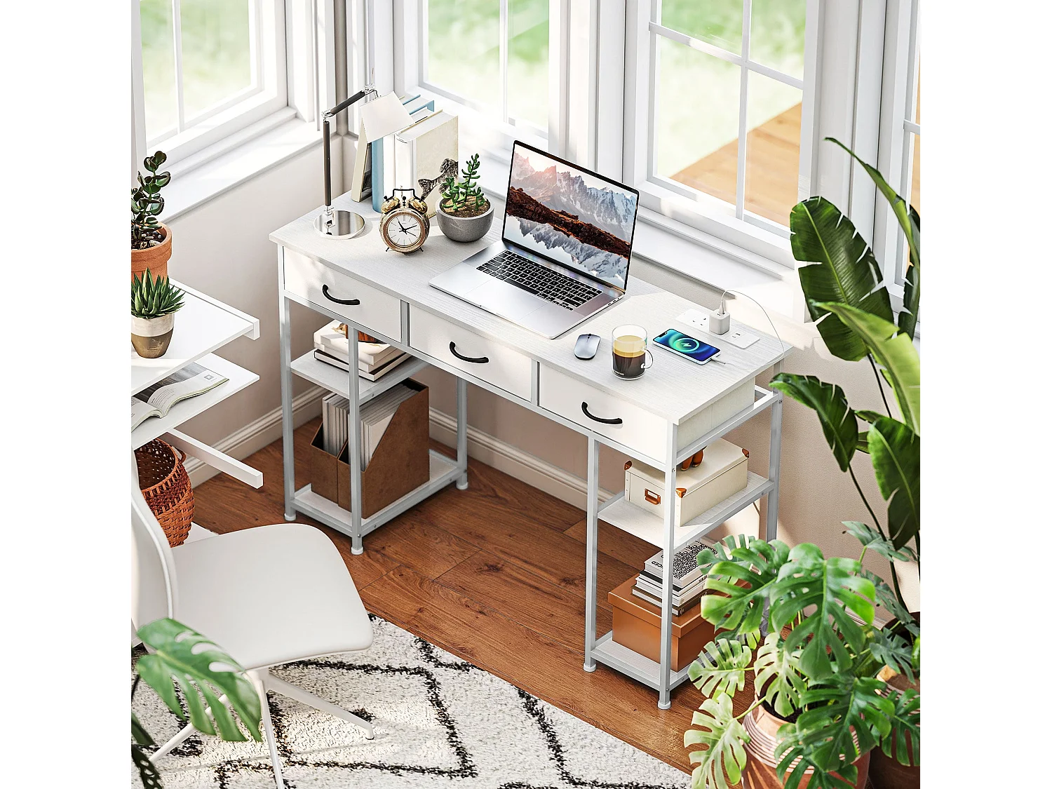 Riba 120cm White Home Office Desk with Power Outlets 3 Fabric Drawers and Storage Shelves