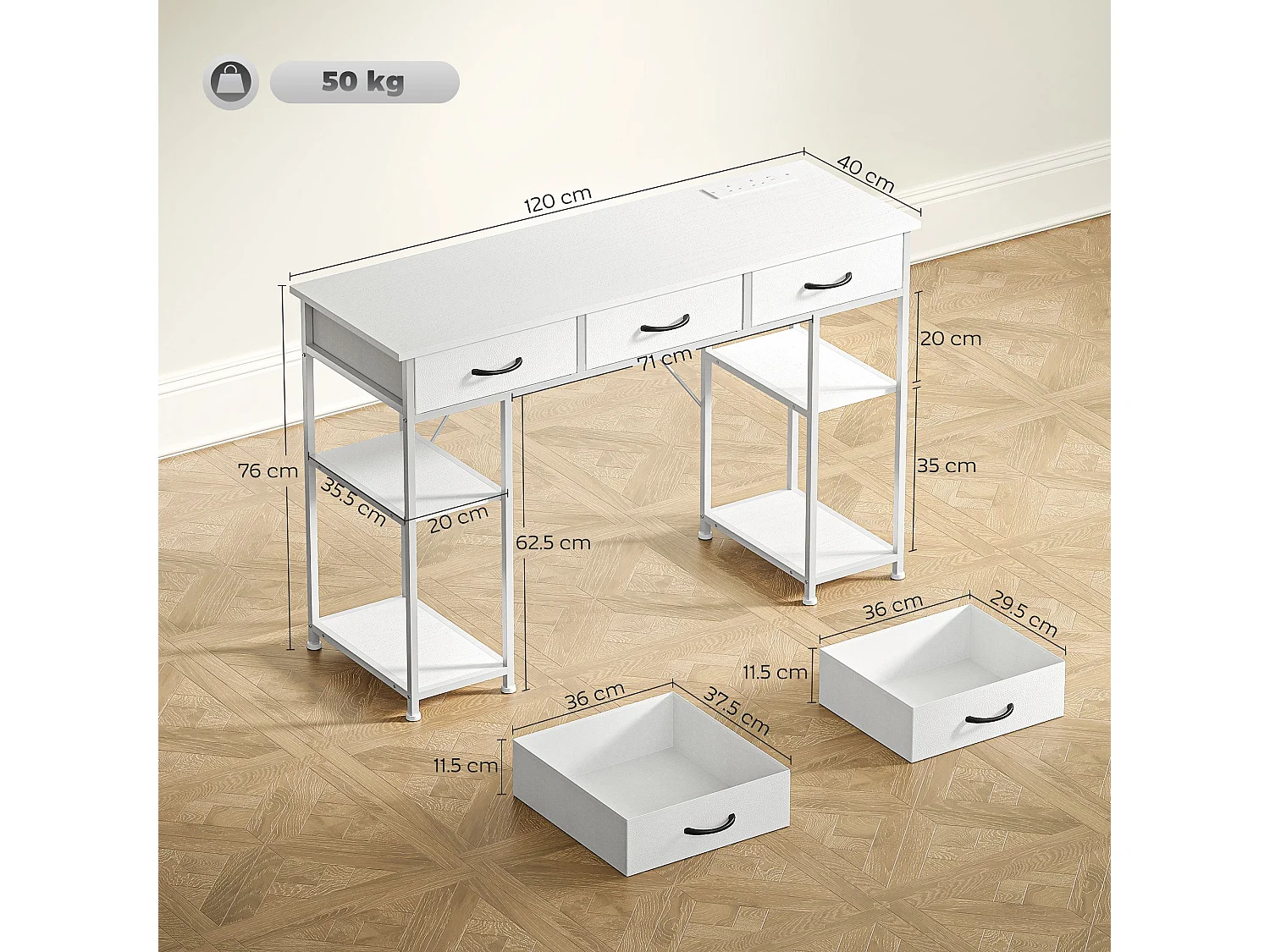 Riba 120cm White Home Office Desk with Power Outlets 3 Fabric Drawers and Storage Shelves
