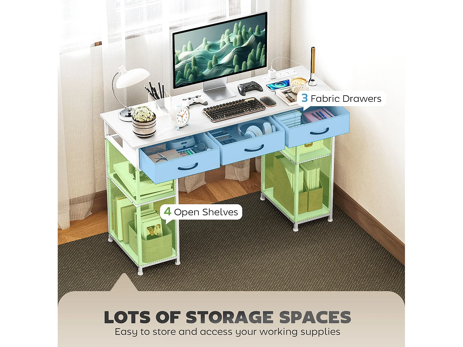 Riba 120cm White Home Office Desk with Power Outlets 3 Fabric Drawers and Storage Shelves