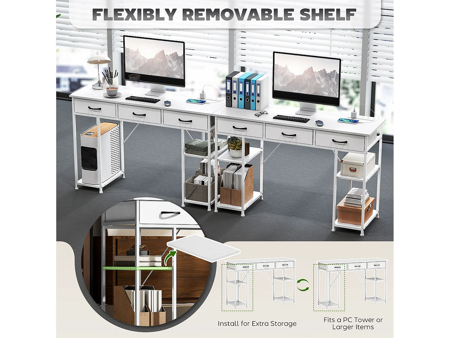 Riba 120cm White Home Office Desk with Power Outlets 3 Fabric Drawers and Storage Shelves