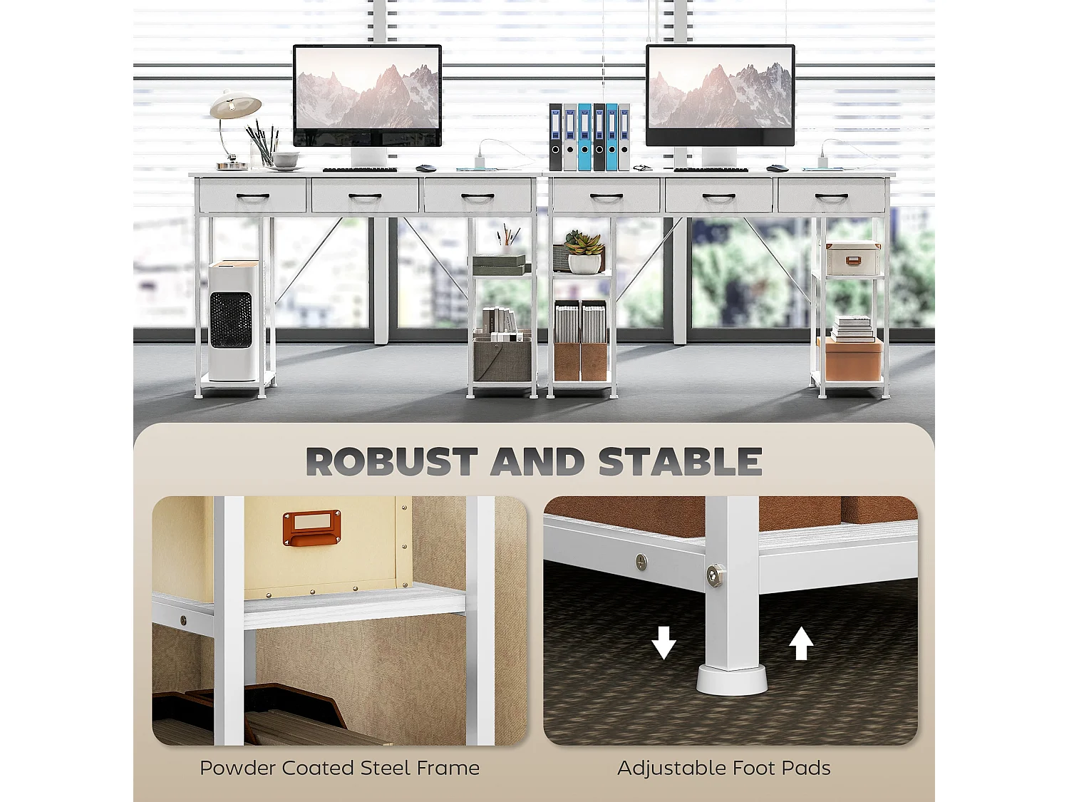 Riba 120cm White Home Office Desk with Power Outlets 3 Fabric Drawers and Storage Shelves