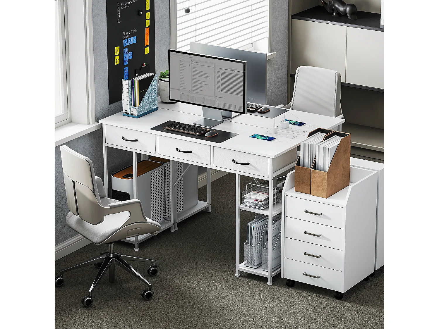 Riba 120cm White Home Office Desk with Power Outlets 3 Fabric Drawers and Storage Shelves