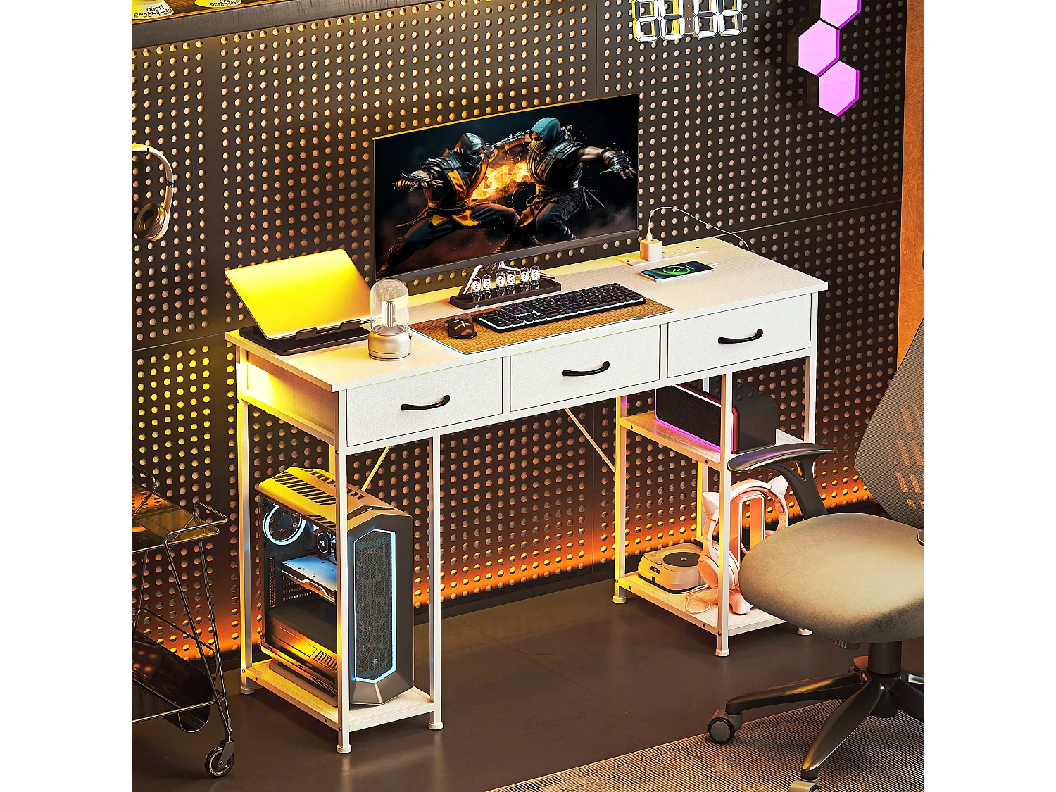 Riba 120cm White Home Office Desk with Power Outlets 3 Fabric Drawers and Storage Shelves