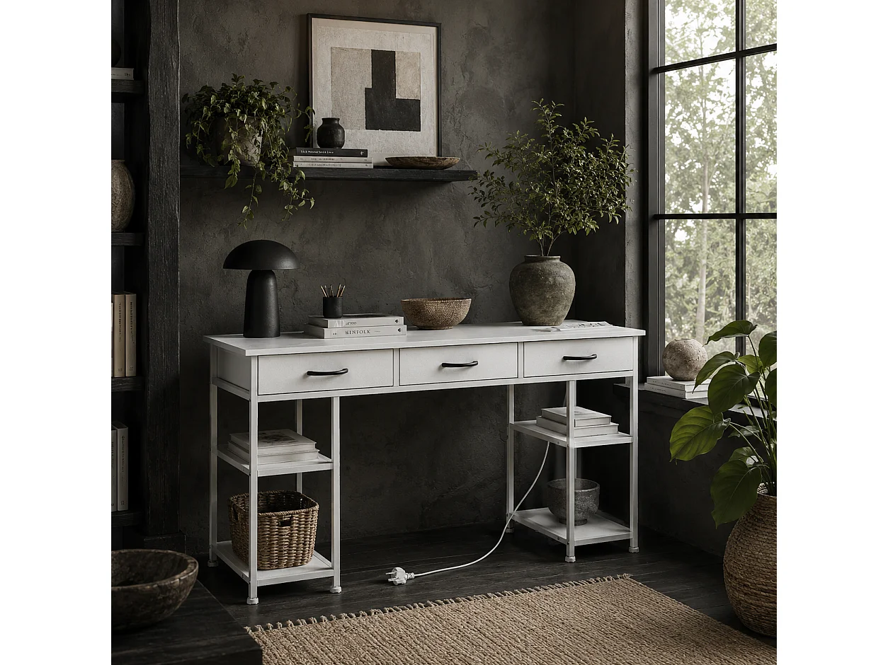 Riba 120cm White Home Office Desk with Power Outlets 3 Fabric Drawers and Storage Shelves