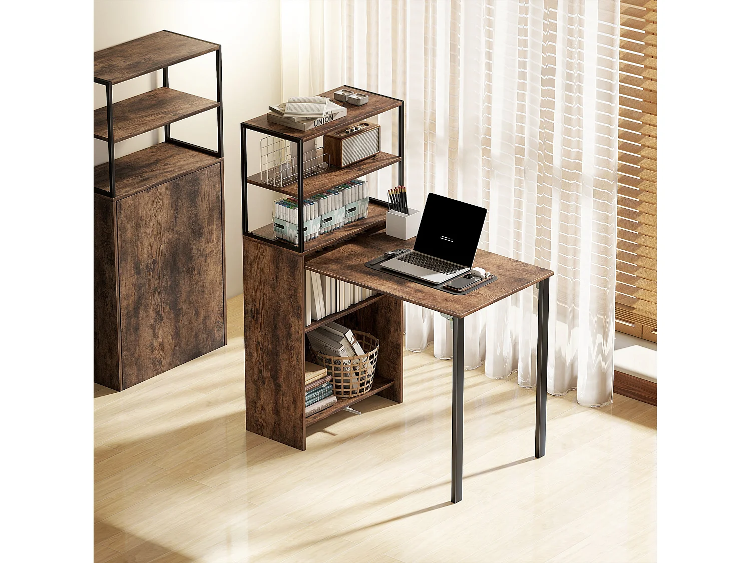 Serana 105cm Rustic Brown Folding Work Table with Integrated Shelving