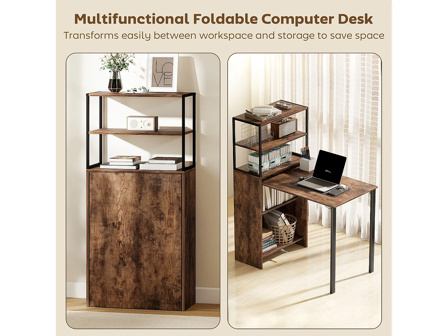 Serana 105cm Rustic Brown Folding Work Table with Integrated Shelving