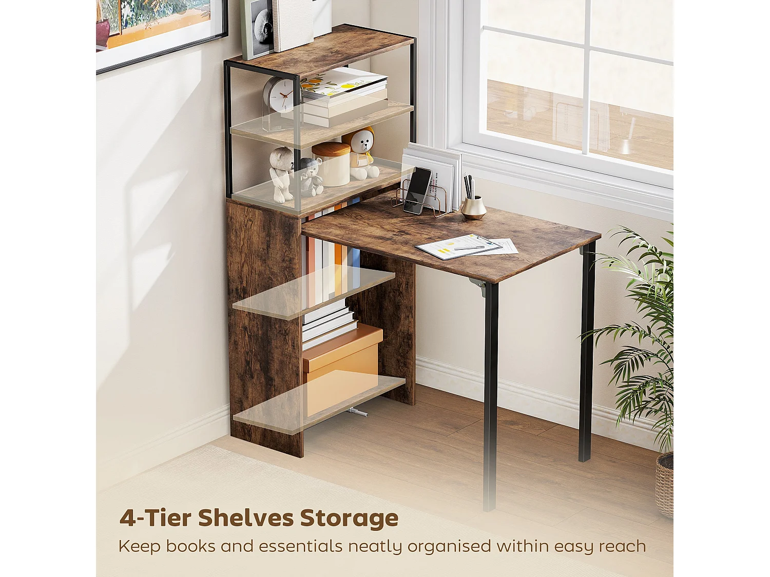 Serana 105cm Rustic Brown Folding Work Table with Integrated Shelving