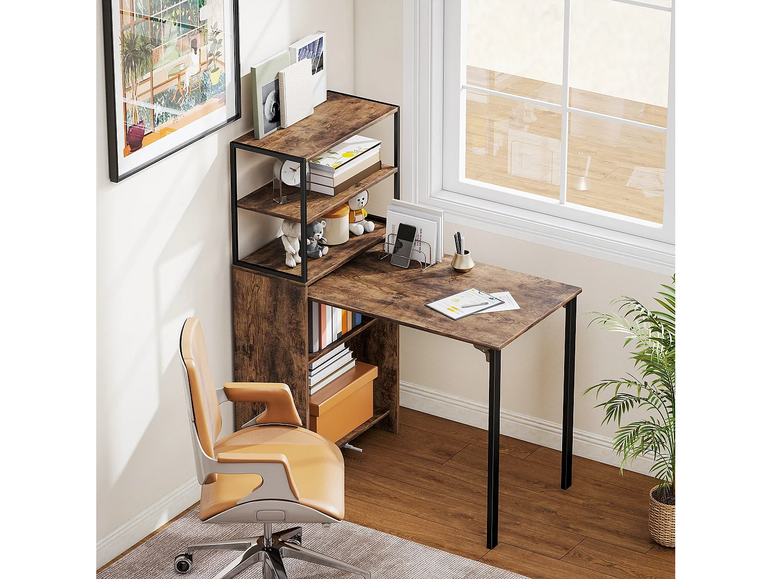 Serana 105cm Rustic Brown Folding Work Table with Integrated Shelving