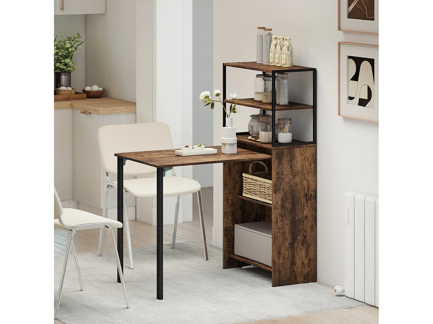 Serana 105cm Rustic Brown Folding Work Table with Integrated Shelving