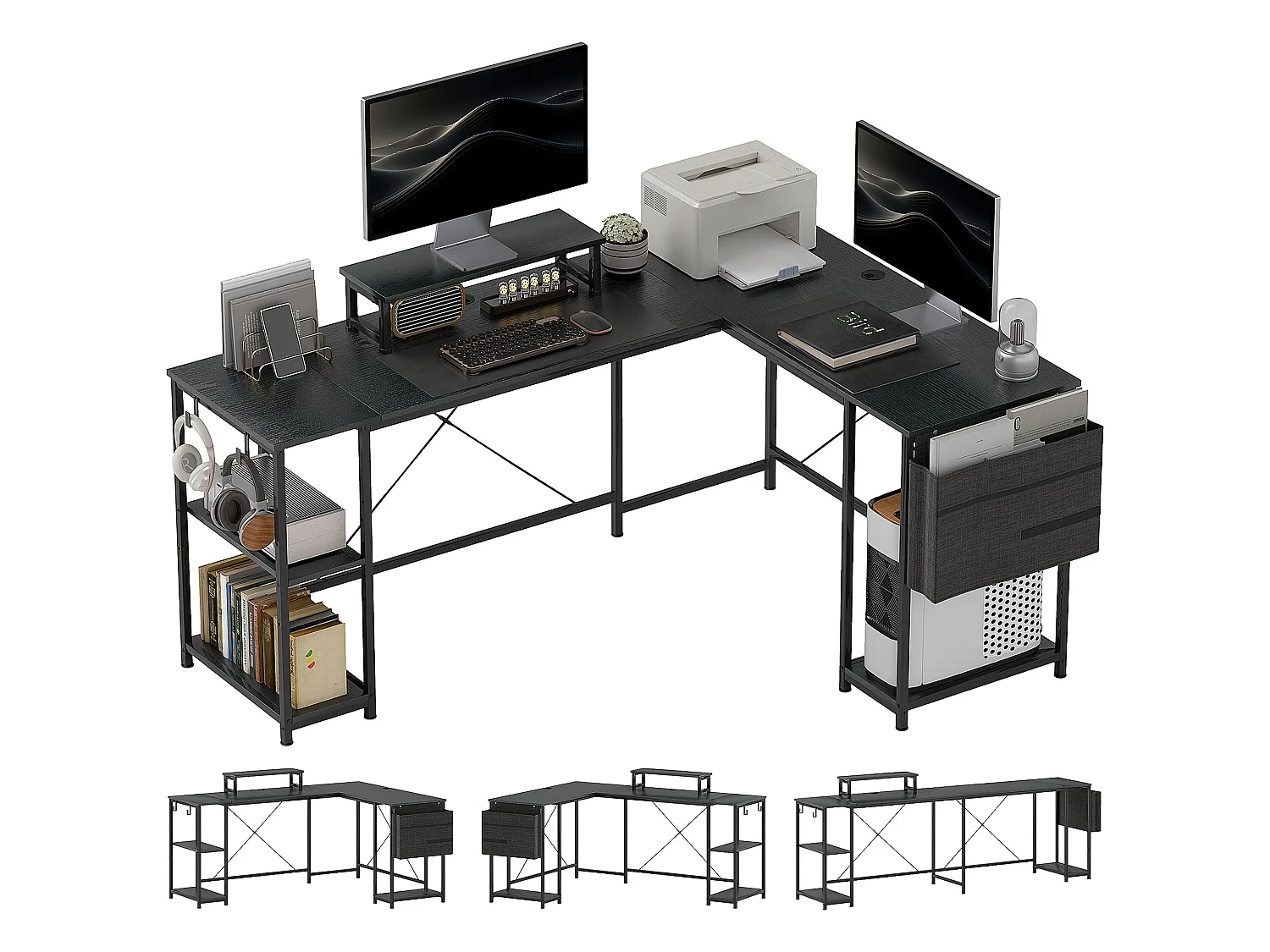 Kadoso 168cm Black Reversible Industrial L Shaped Desk with Adjustable Shelves and Monitor Stand