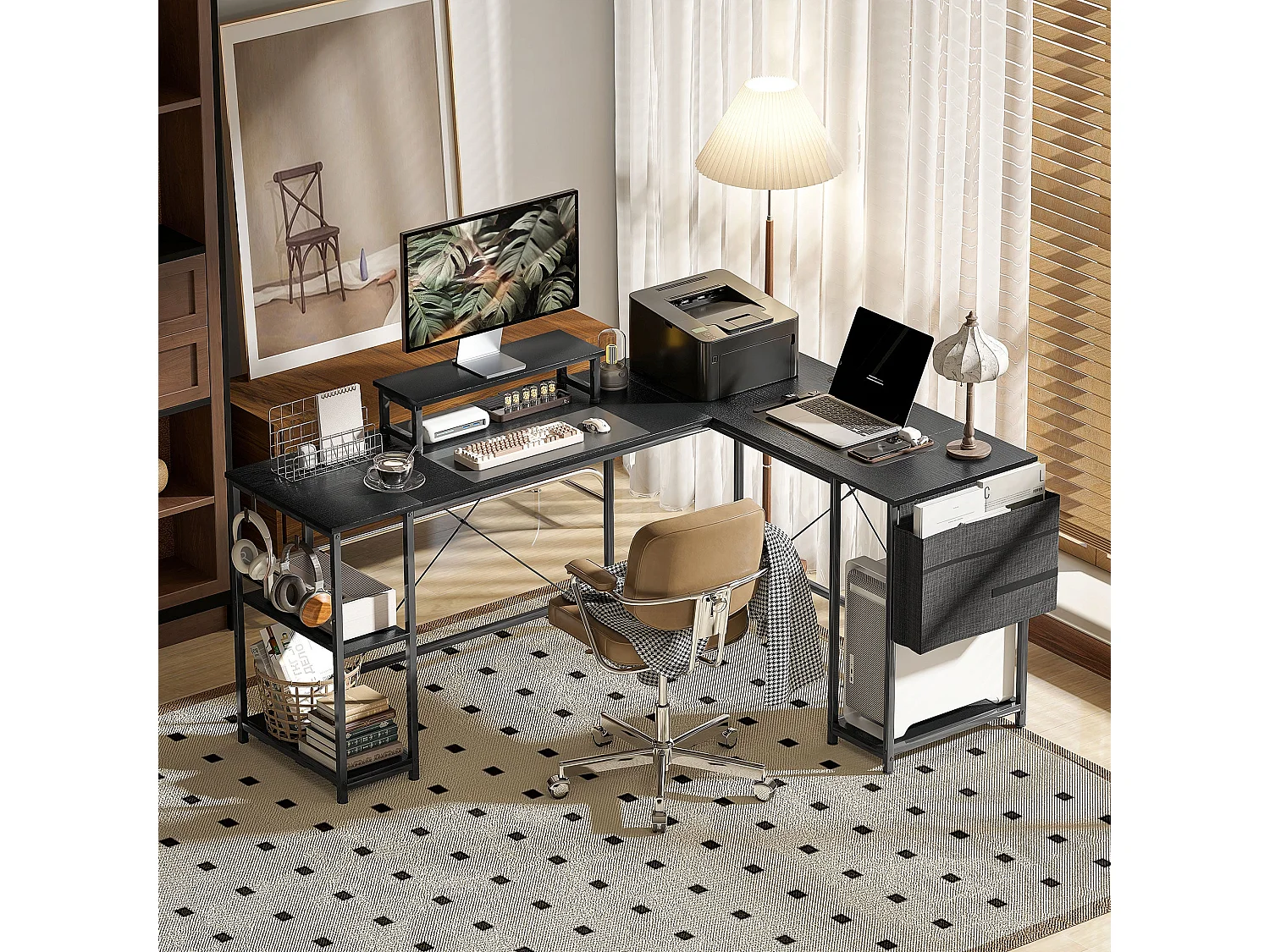 Kadoso 168cm Black Reversible Industrial L Shaped Desk with Adjustable Shelves and Monitor Stand